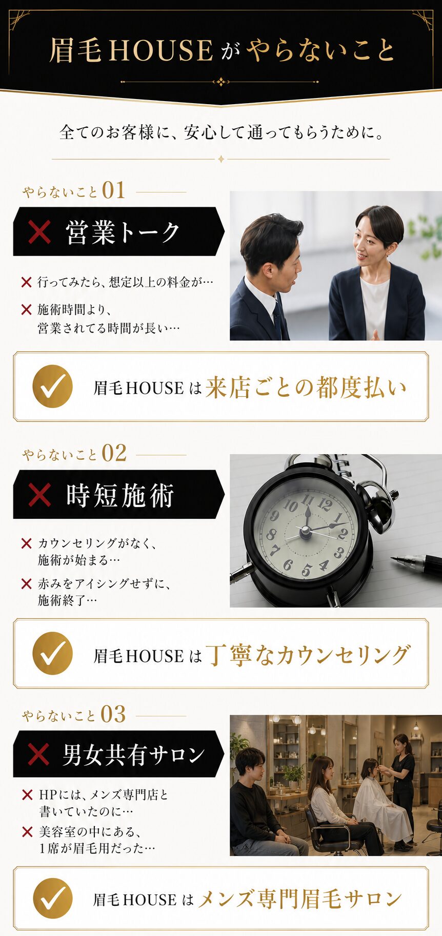 「眉毛HOUSEがやらないこと」を説明する画像。強引な営業・時短施術・男女共用をせず、都度払い・丁寧なカウンセリング・メンズ専門である旨を写真とともに記載
